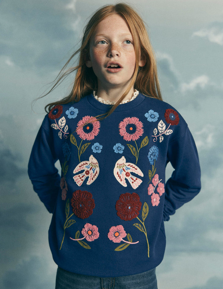 Sweat Bobbie à appliqué-Oiseau placé bleu marine
