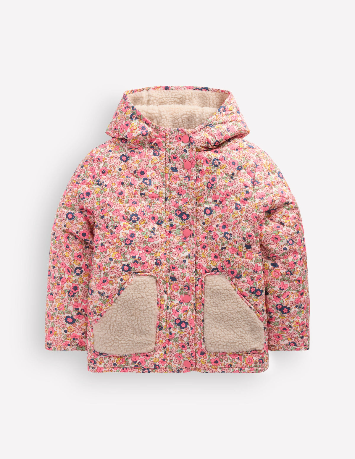 Wattierte Teddyfell-Jacke-Rosa Blumenwiese - Image 1