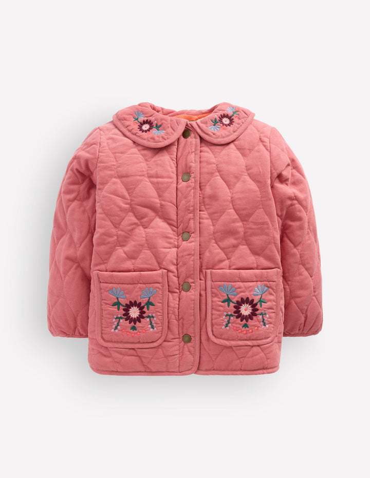 Gesteppte Cordjacke-Heiderosa Blumenstickerei
