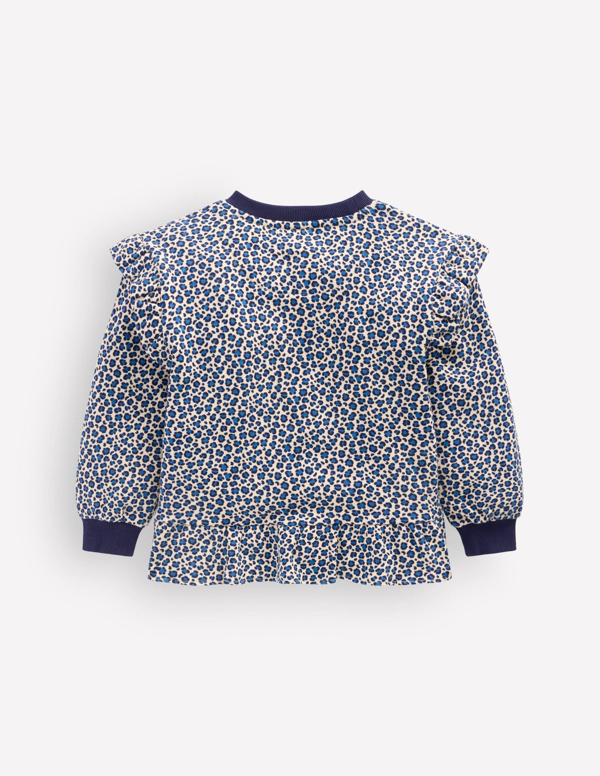 Hübsches Sweatshirt mit Rüschen-Calico-Weiß/Blaues Leopardenmuster-2