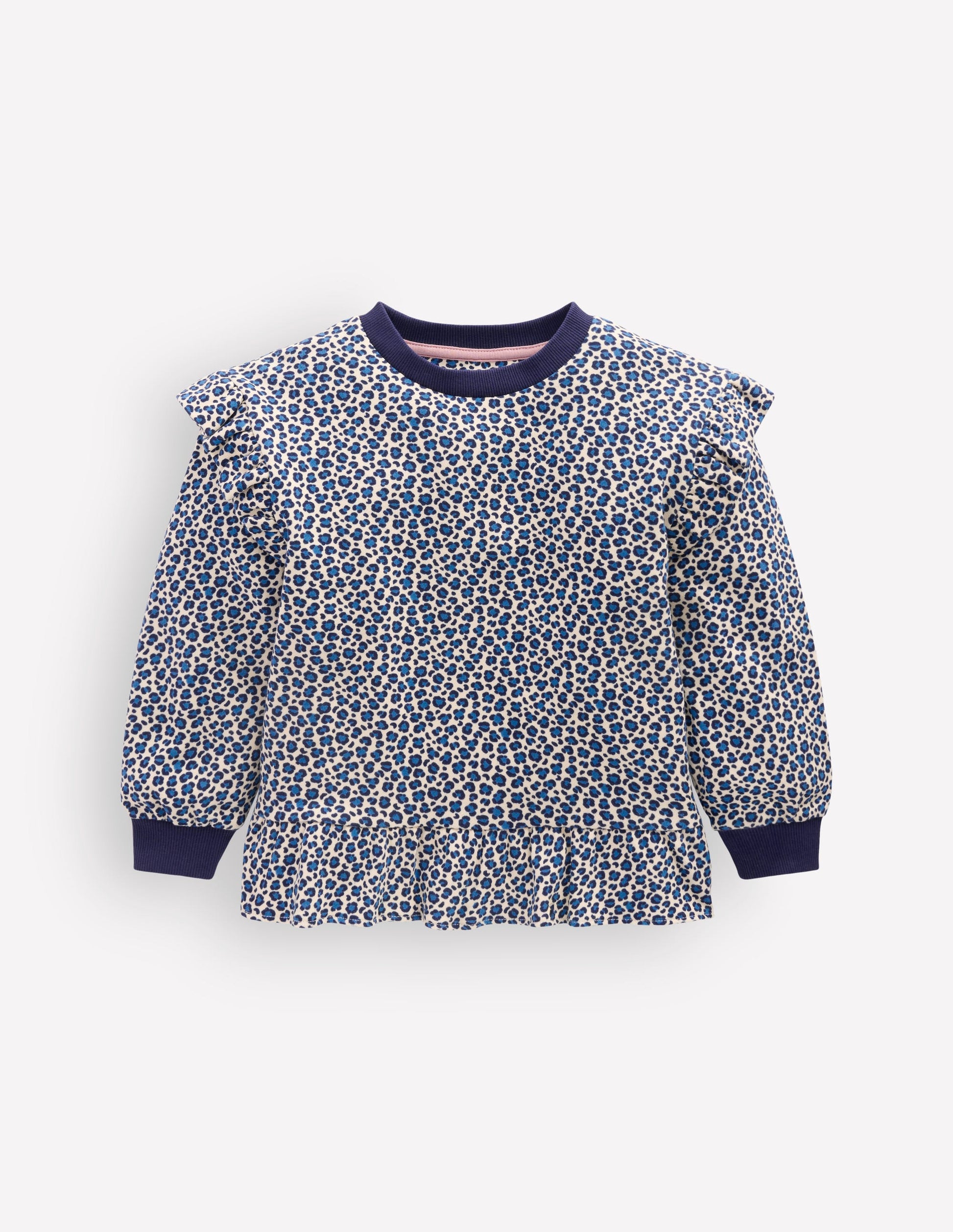 Hübsches Sweatshirt mit Rüschen-Calico-Weiß/Blaues Leopardenmuster-1