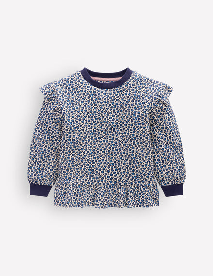 Hübsches Sweatshirt mit Rüschen-Calico-Weiß/Blaues Leopardenmuster