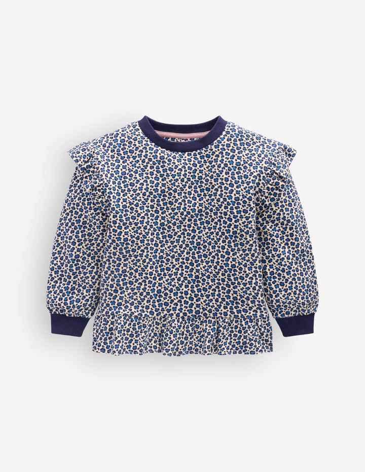 Joli sweat volanté-Blanc calico/léopard bleu