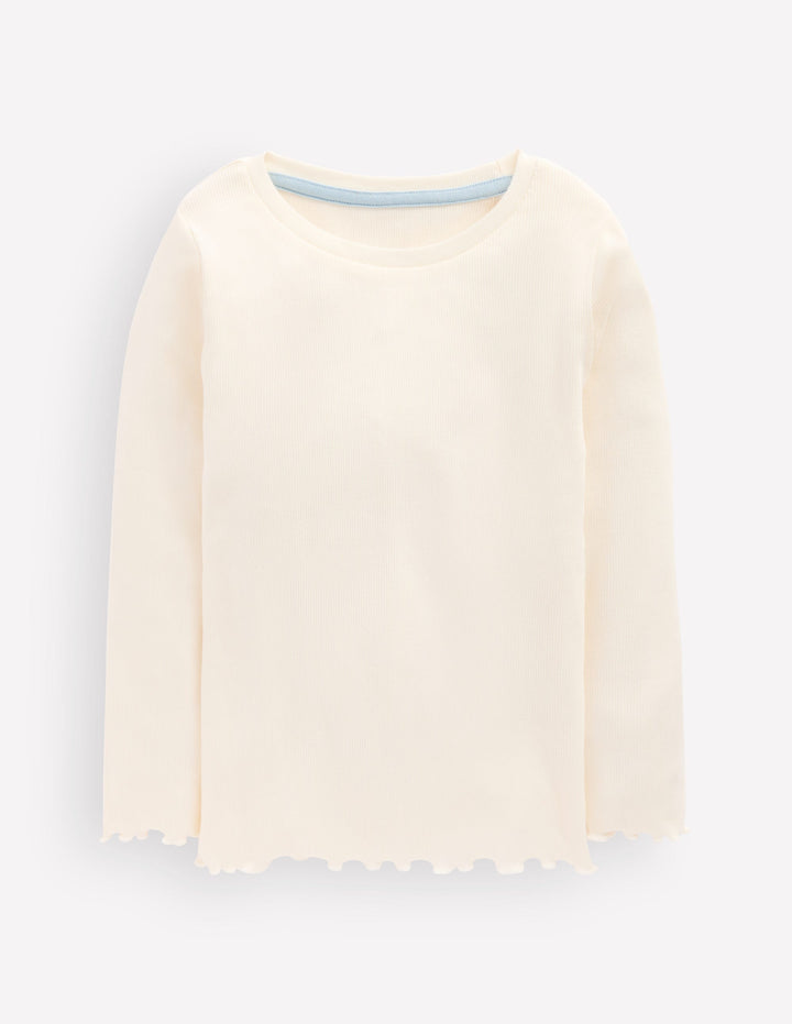 Geripptes Langarmshirt-Sanftes Naturweiß