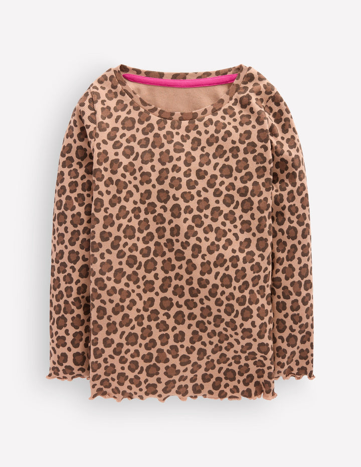 Geripptes Langarmshirt-Milchschokoladenbraun Leopardenmuster