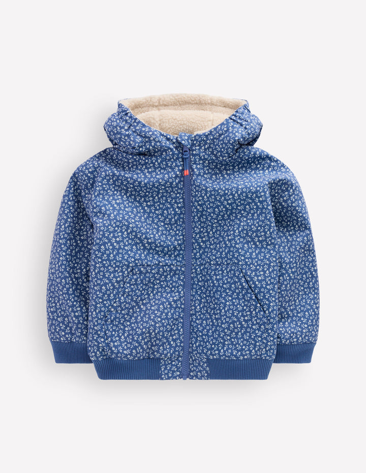 Wendbare Teddyfell-Bomberjacke mit Kapuze-Blauhäher Kleines Blumenmuster