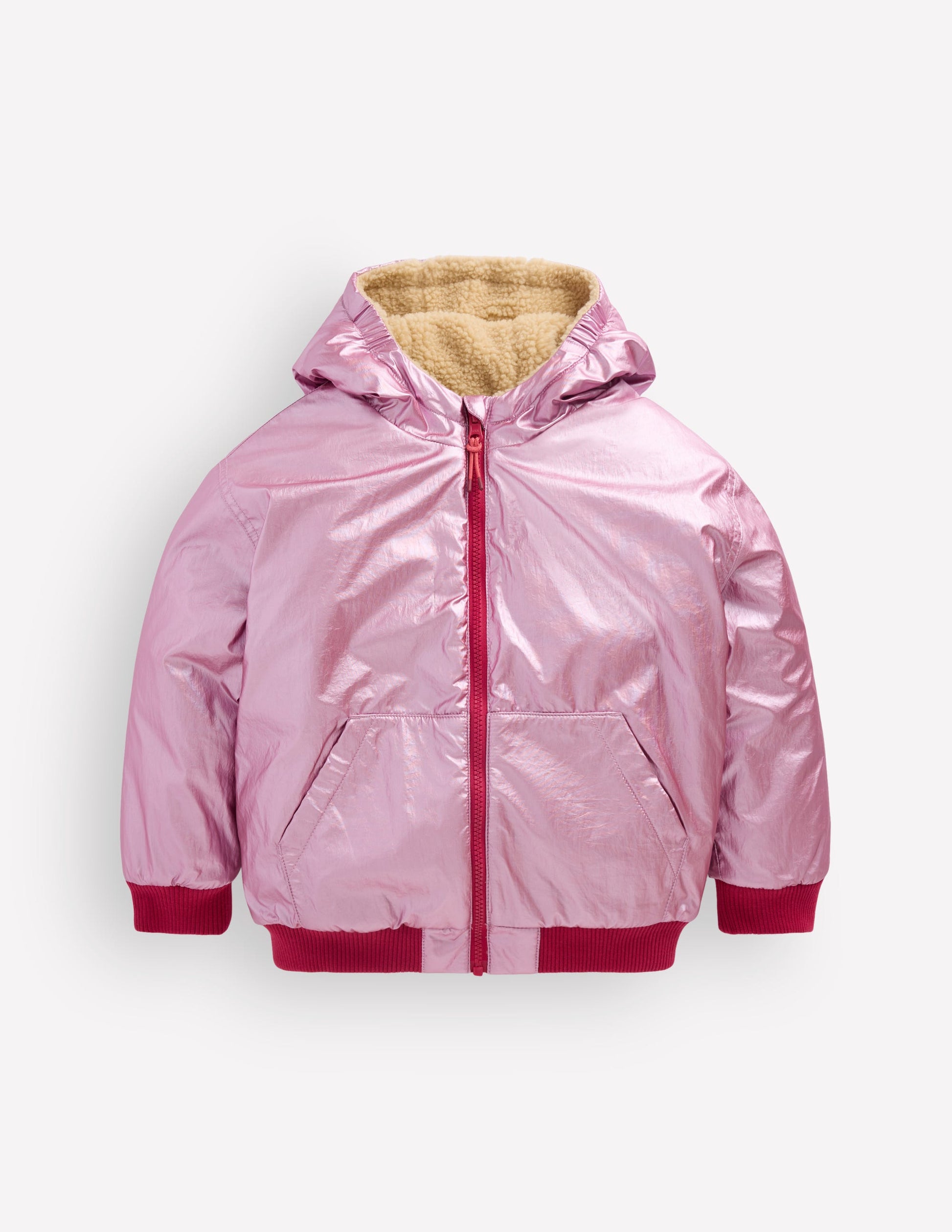 Wendbare Teddyfell-Bomberjacke mit Kapuze-Rosa-Metallic-5