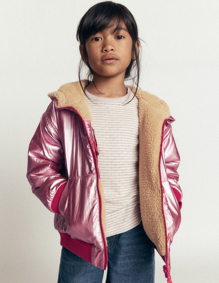 Wendbare Teddyfell-Bomberjacke mit Kapuze-Rosa-Metallic