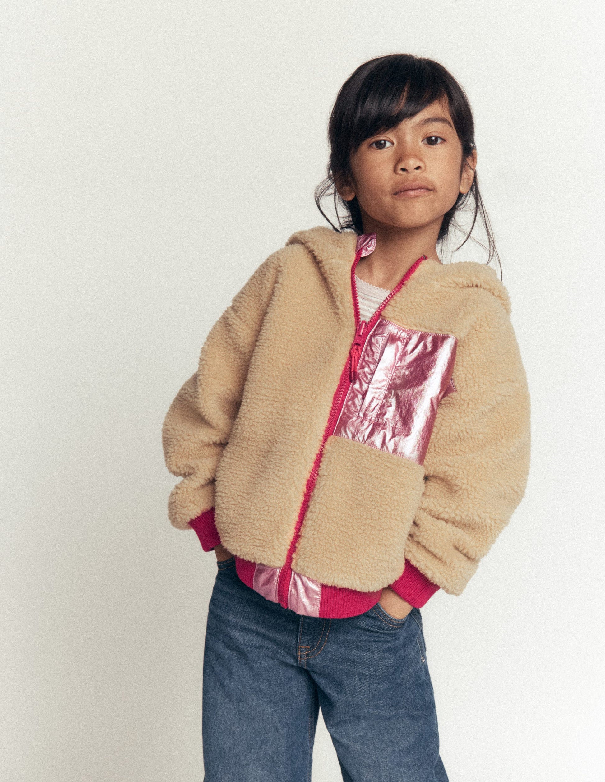 Wendbare Teddyfell-Bomberjacke mit Kapuze-Rosa-Metallic-4