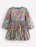 Langärmliges Kleid mit Ballonsaum-Blau mit buntem Blumenmuster