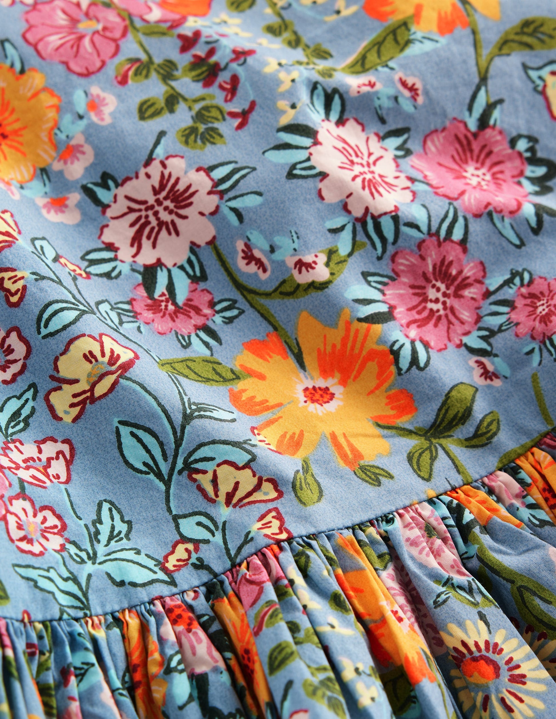 Langärmliges Kleid mit Ballonsaum-Blau mit buntem Blumenmuster-3