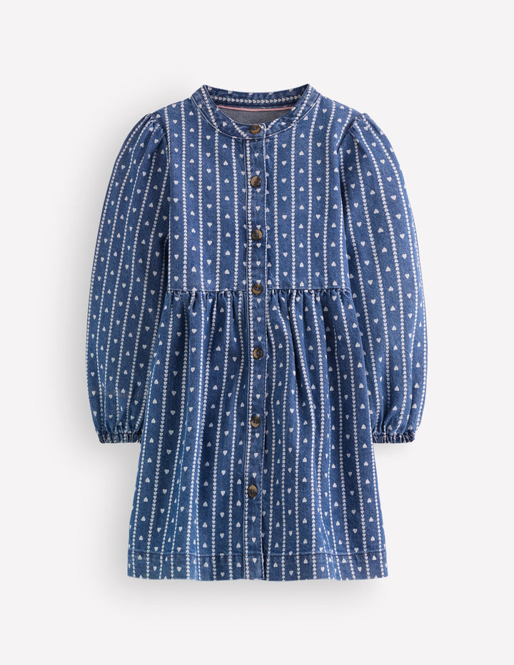 Betsy Gewebtes Kleid mit Puffärmeln-Denim Winzige Herzchen