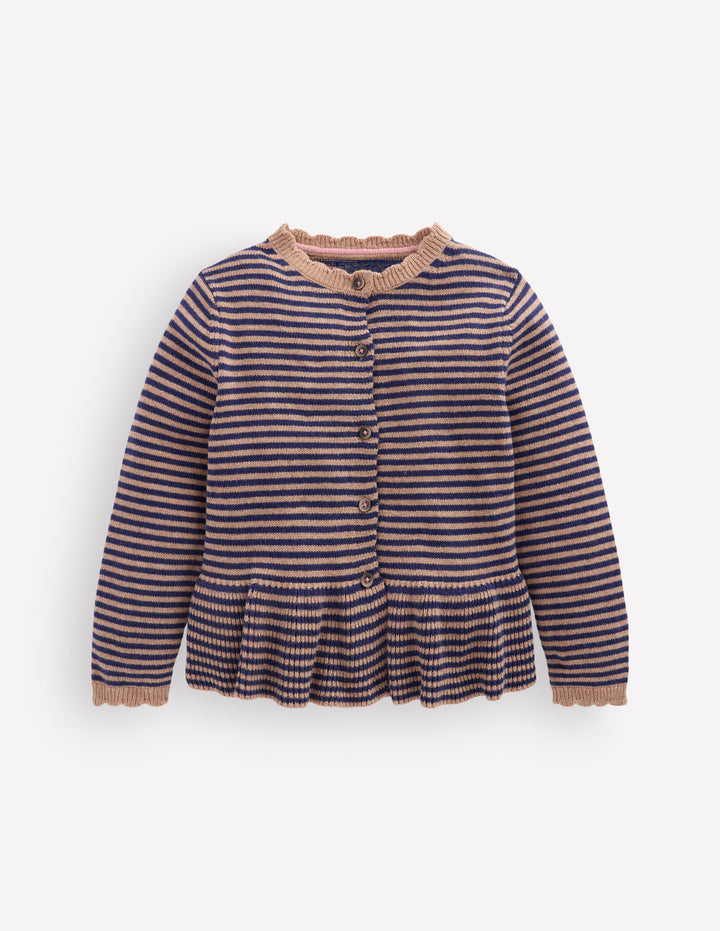 Hübsche Strickjacke mit Schößchen-Camel/Schuluniform-Marineblau Streifen