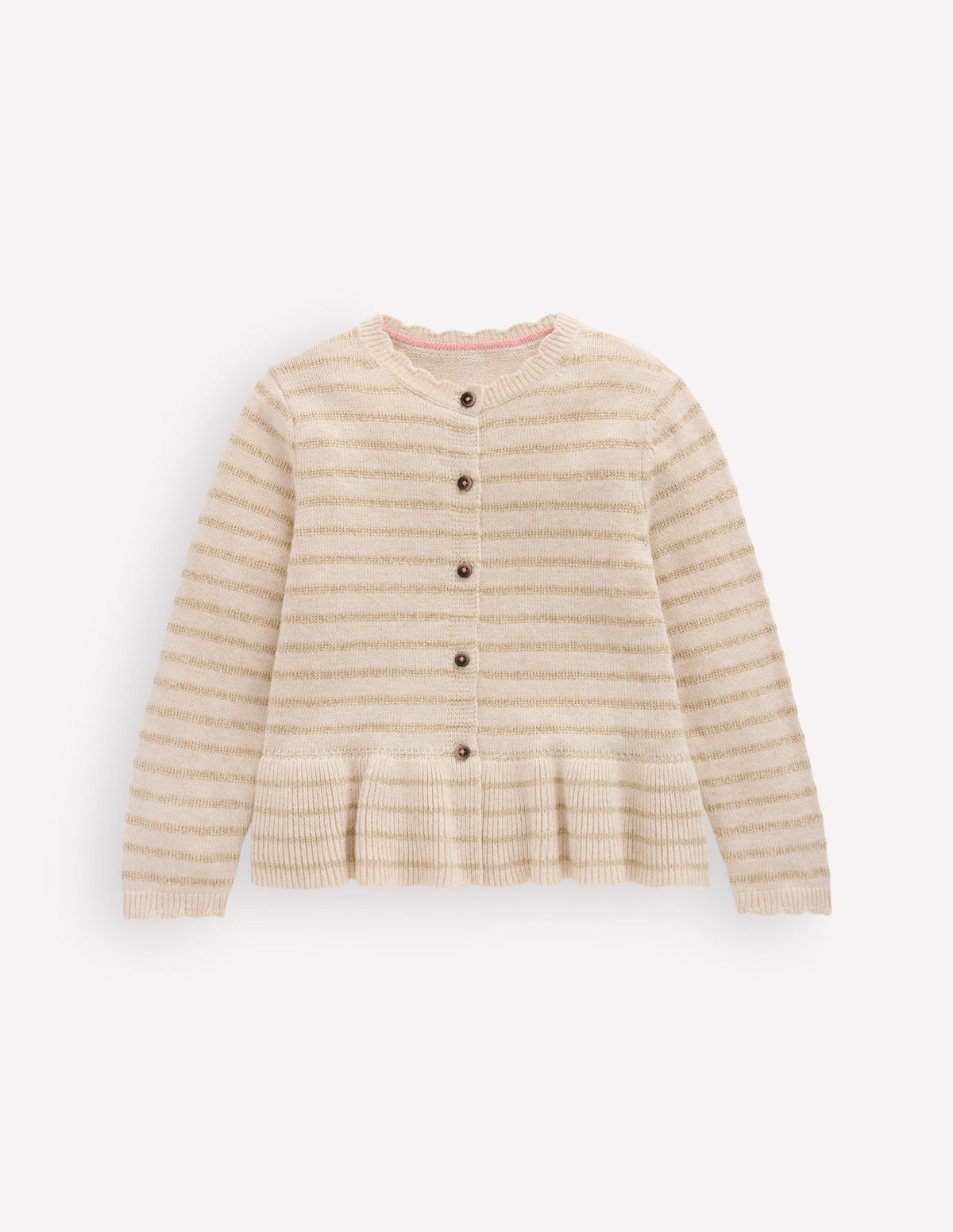 Hübsche Strickjacke mit Schößchen-Haferbeige Meliert Glitzernde Streifen-3