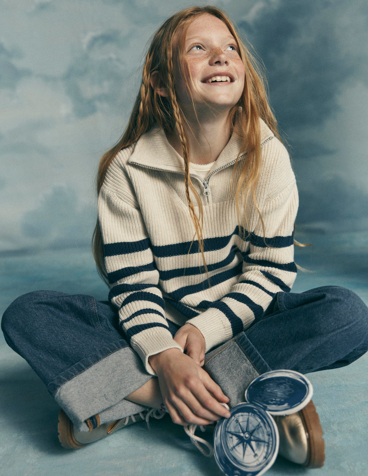 Pullover mit Reißverschluss am Ausschnitt-Beige Meliert/Marineblau - Image 1
