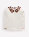 Breton Jersey-Oberteil mit Kragen-Sanftes Naturweiß Leopardenmuster