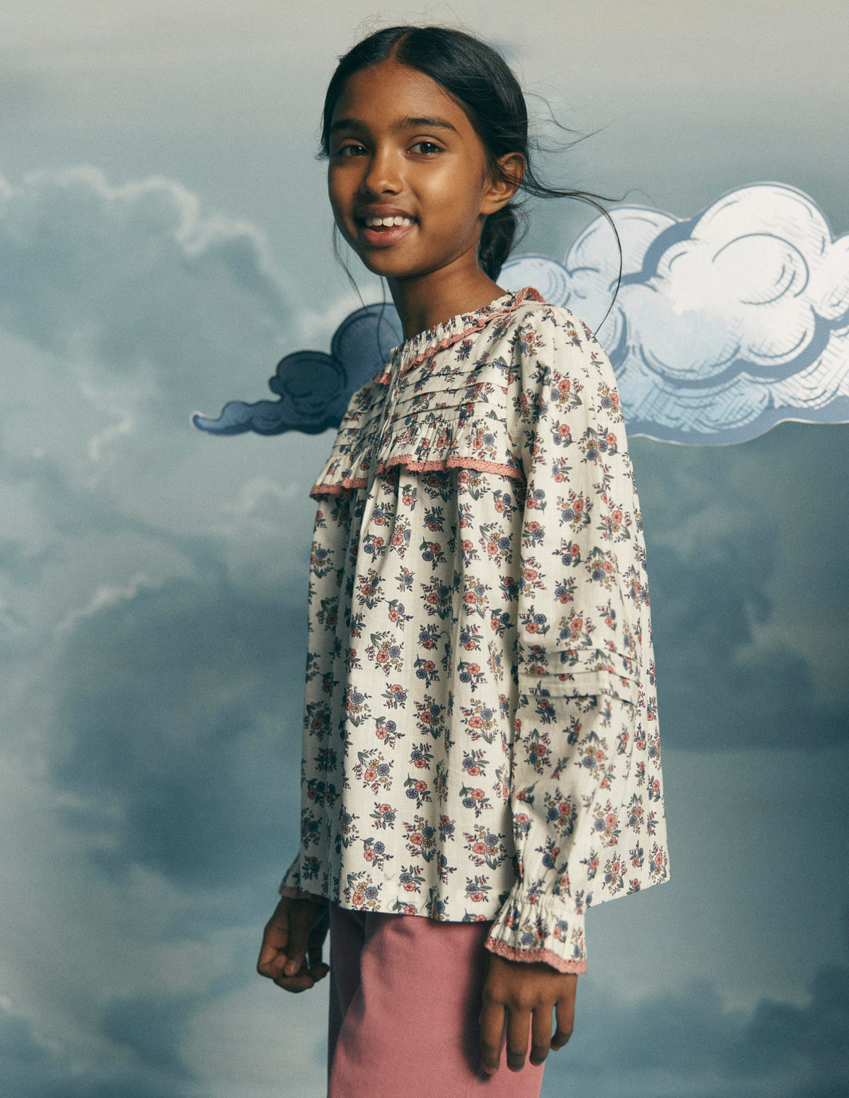 Top boutonné à volants-Motif Floral Treillis crème doux-1