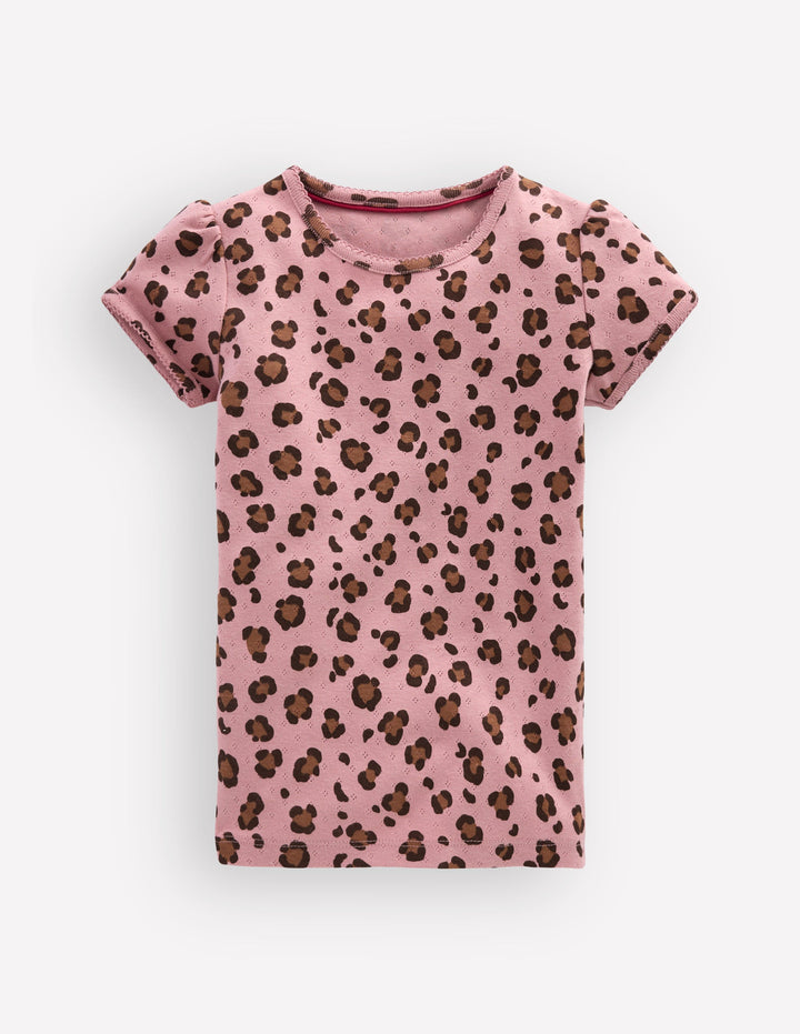 Kurzärmliges Pointelle-Oberteil-Vintage-Rosa Leopardenmuster