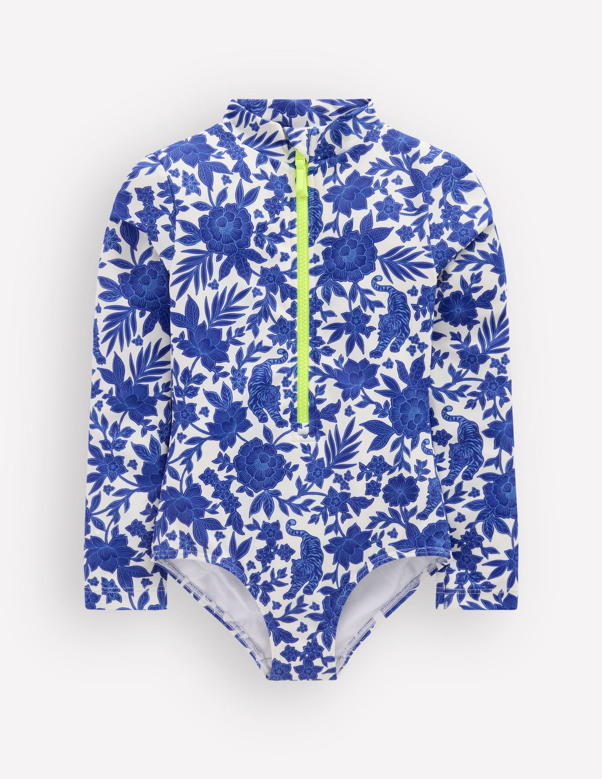 Long-sleeved Swimsuit-Bright Blue Jungle Woodblock-1