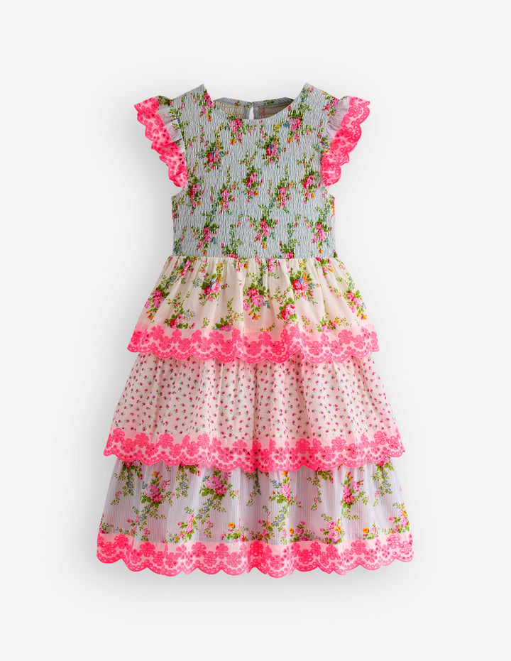 Gestuftes Kleid mit Spitzenbesatz-Festivalrosa Winzige Rosen