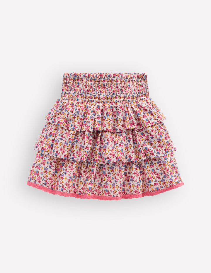 Jupe volantée à taille smockée-Petites fleurs rose fluo