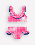Bikini col V à volants-Vichy rose fluo