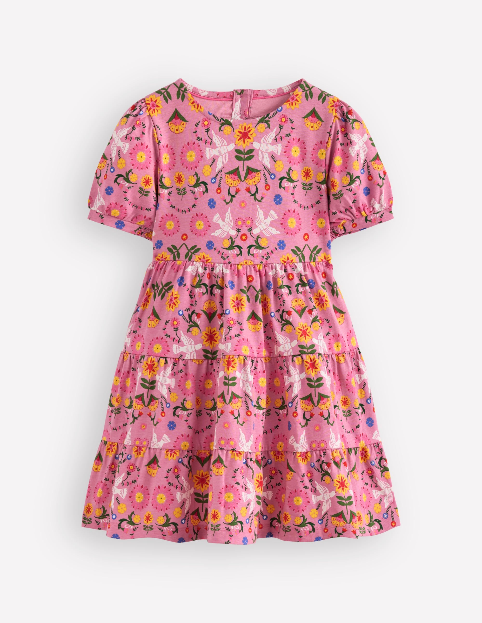 Robe en jersey avec cœur au dos-Motif floral et oiseaux rose formica - Image 1