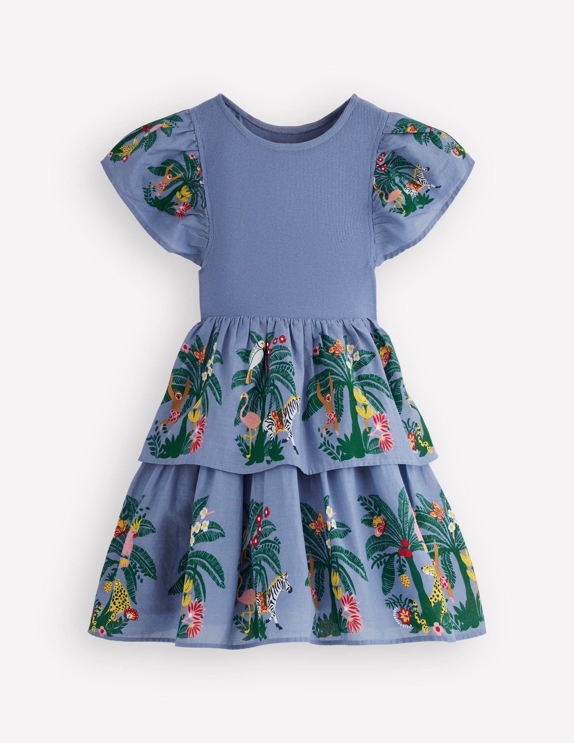 Kleid zum Herumwirbeln mit gewebten Elementen-Azurblau Dschungel-Spalier-1