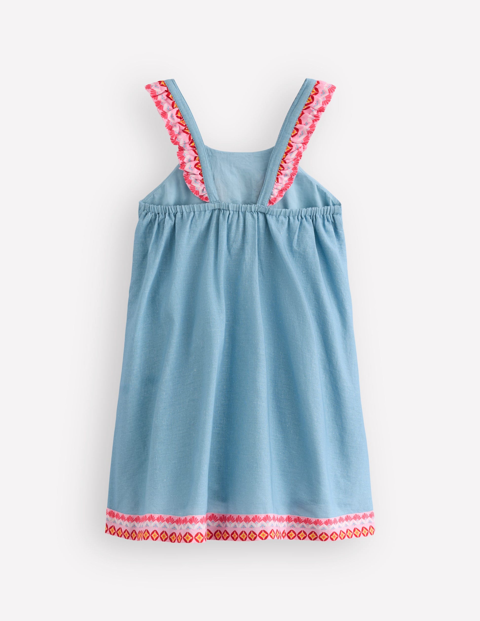 Robe dʼété à bretelles et volants-Motif floral placé bleu vintage-2