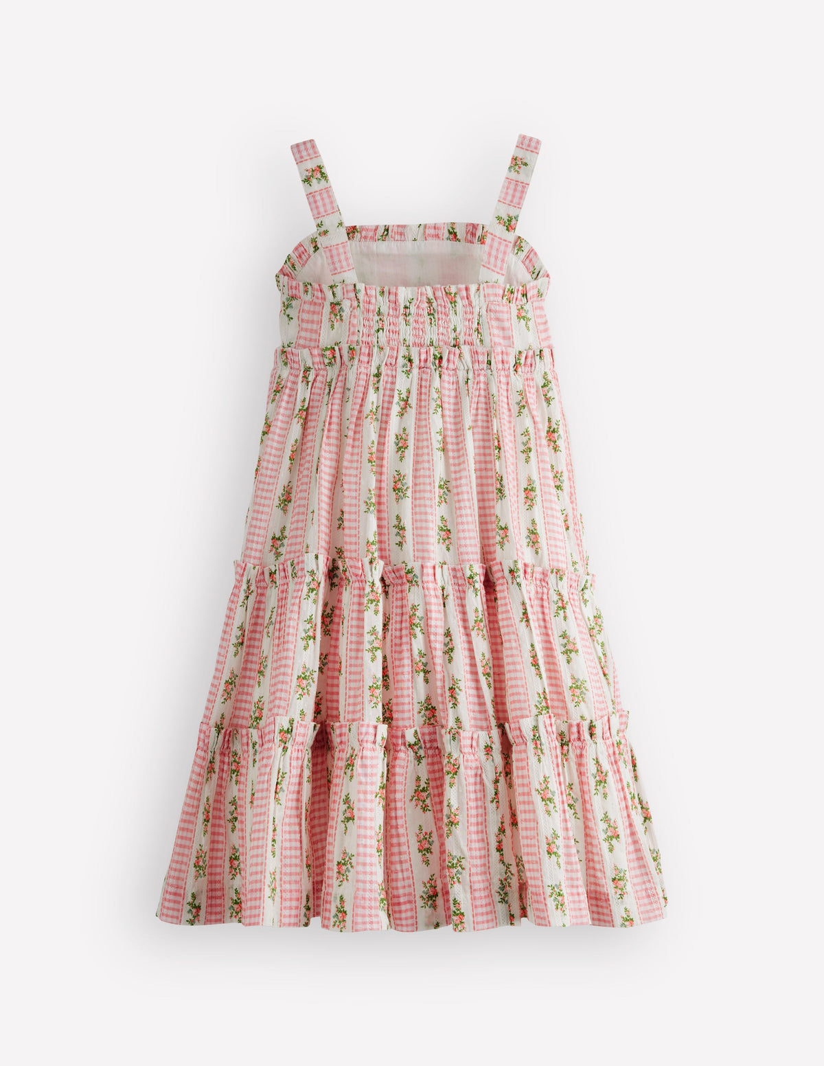 Gestuftes Midi-Sommerkleid-Sanftes Naturweiß Vichykaro Blumenmuster-2