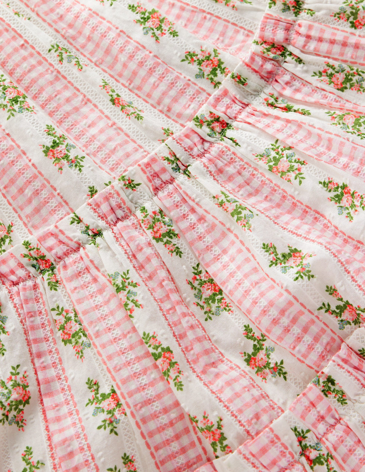 Gestuftes Midi-Sommerkleid-Sanftes Naturweiß Vichykaro Blumenmuster-3