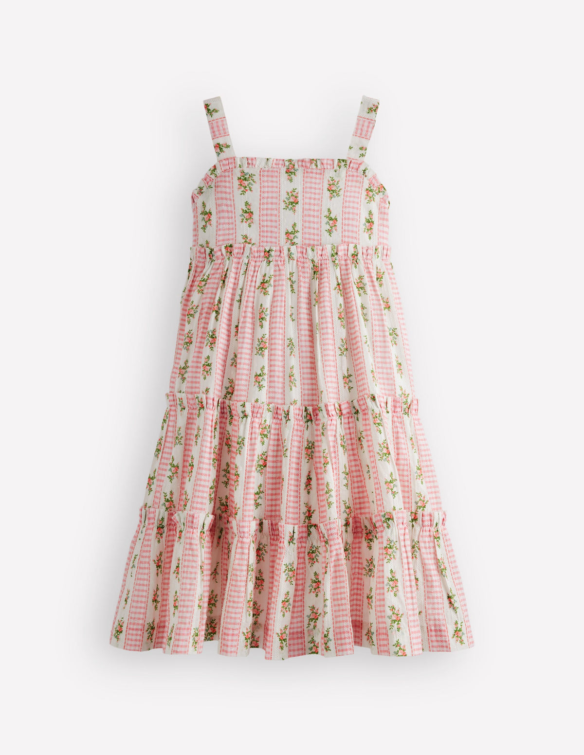 Gestuftes Midi-Sommerkleid-Sanftes Naturweiß Vichykaro Blumenmuster - Image 1