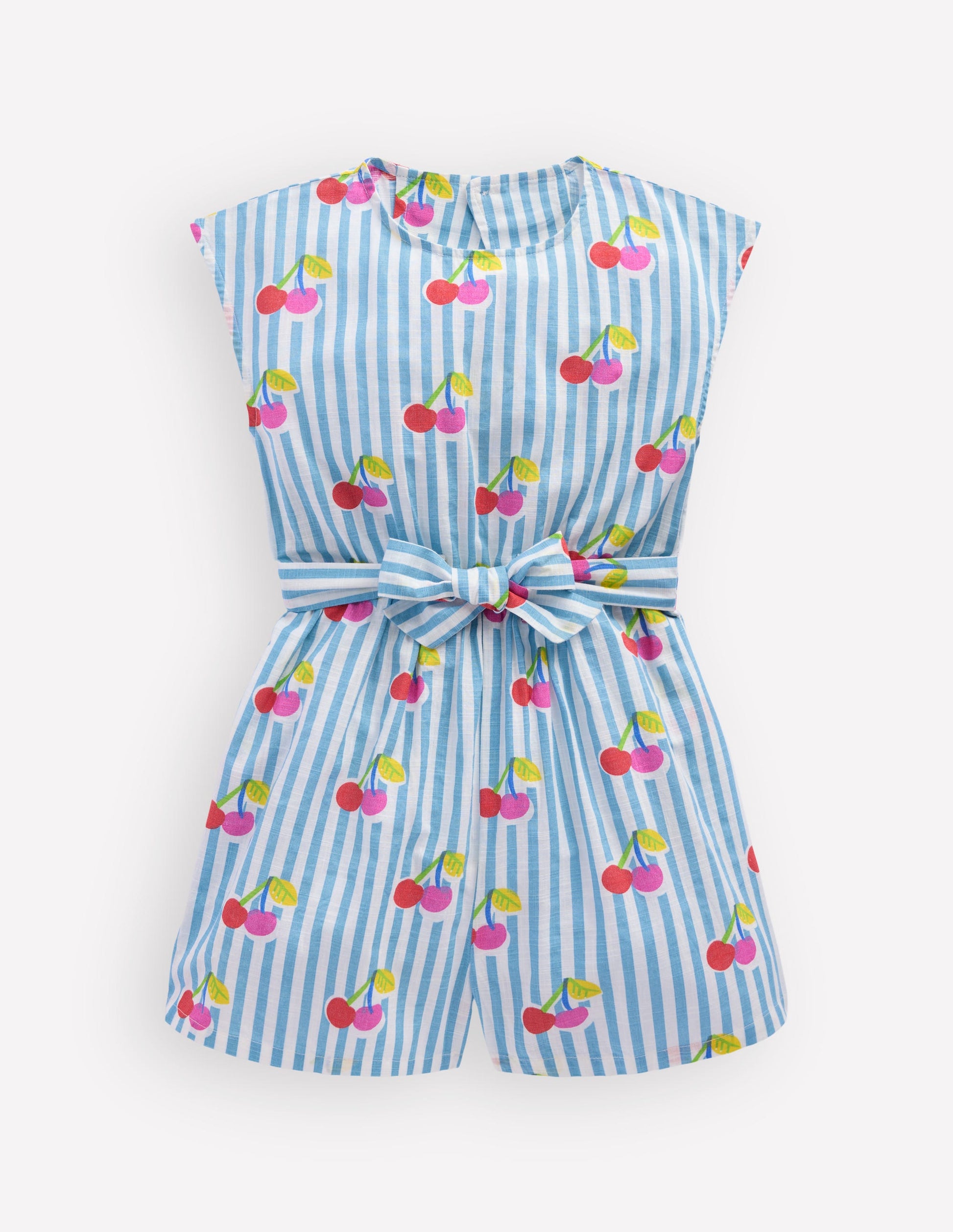 Gewebter Jumpsuit mit Bindegürtel-Blau Kirsche Streifen-1