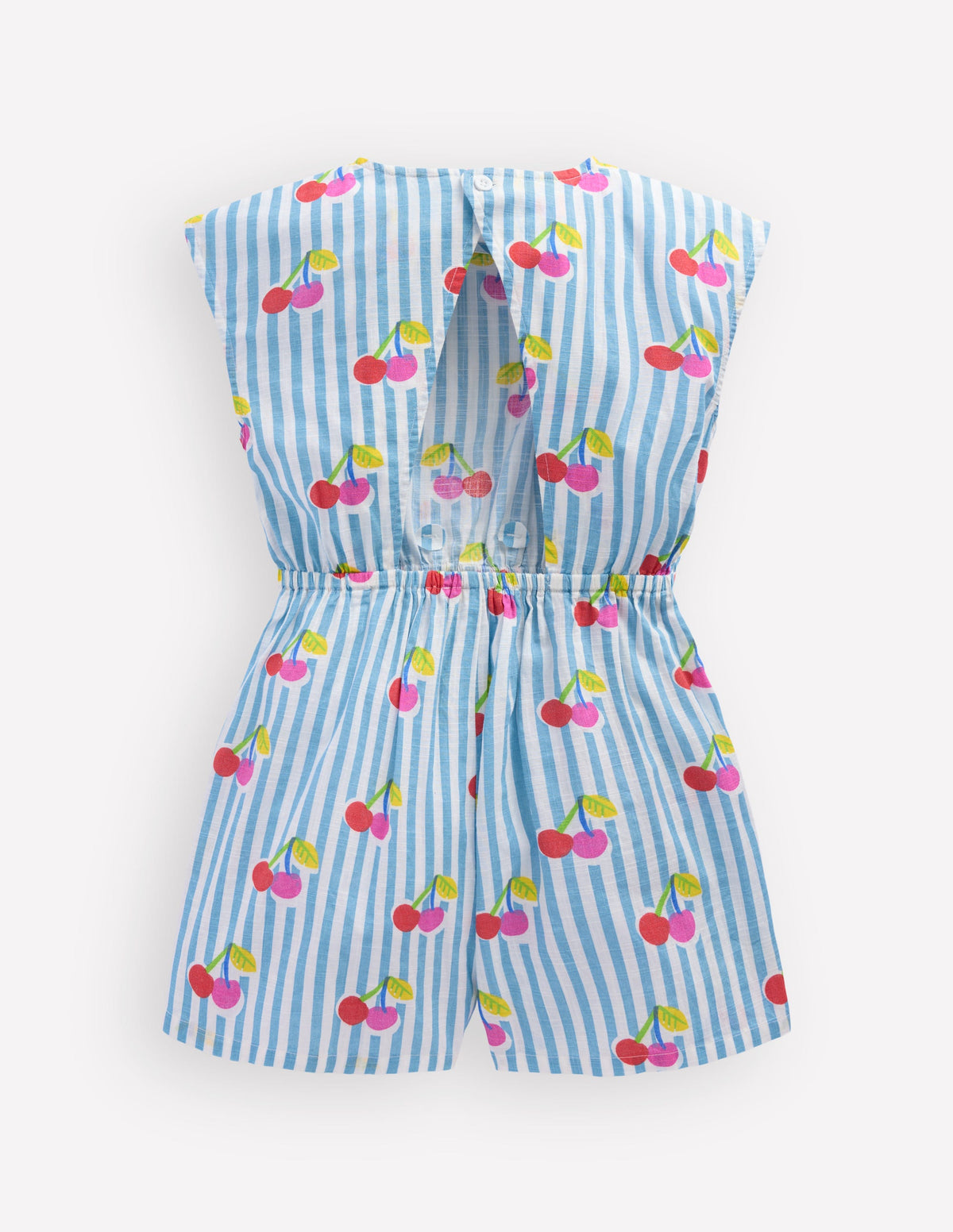 Gewebter Jumpsuit mit Bindegürtel-Blau Kirsche Streifen-2