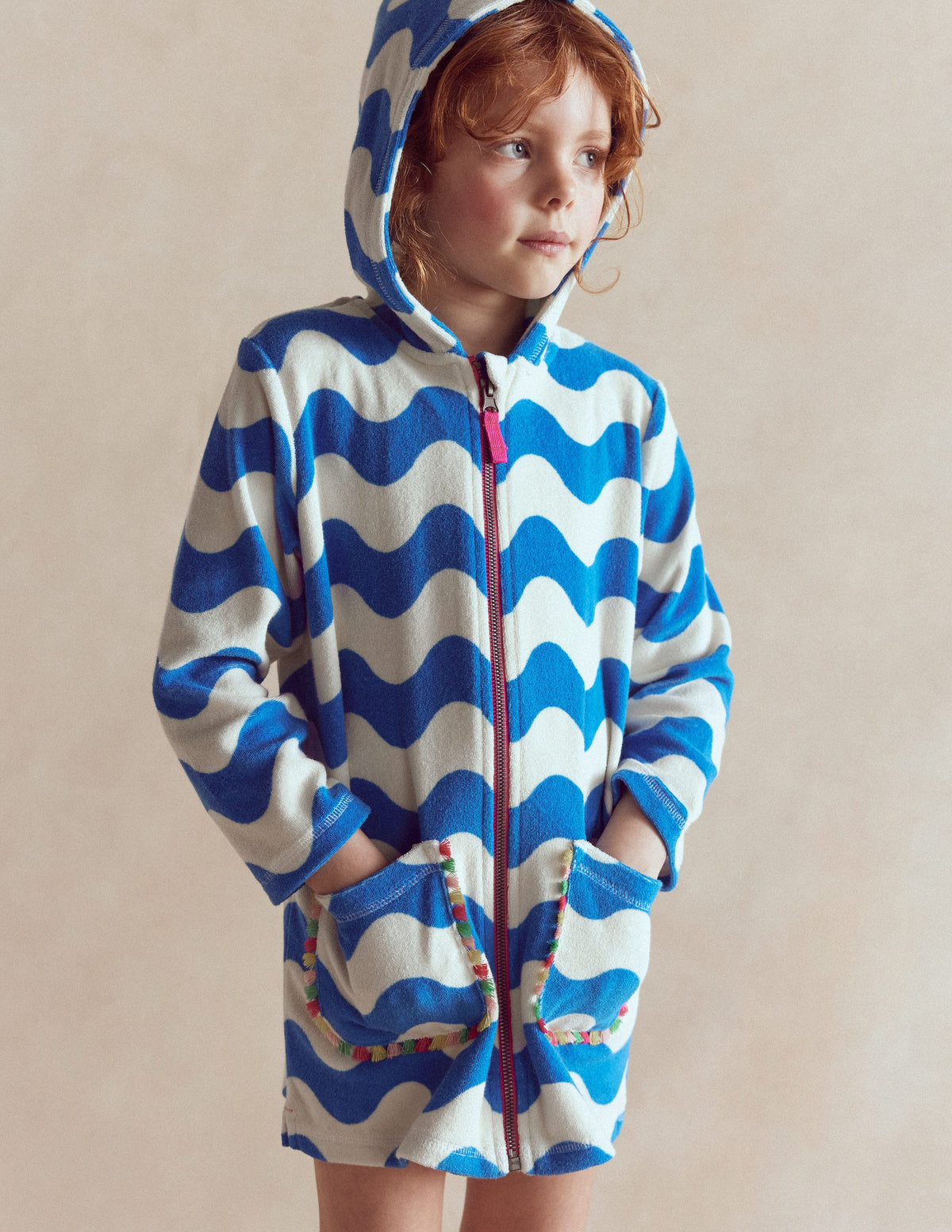 Romie Frottee-Badeponcho mit Reißverschluss-Blau und Naturweiß Wellen-1