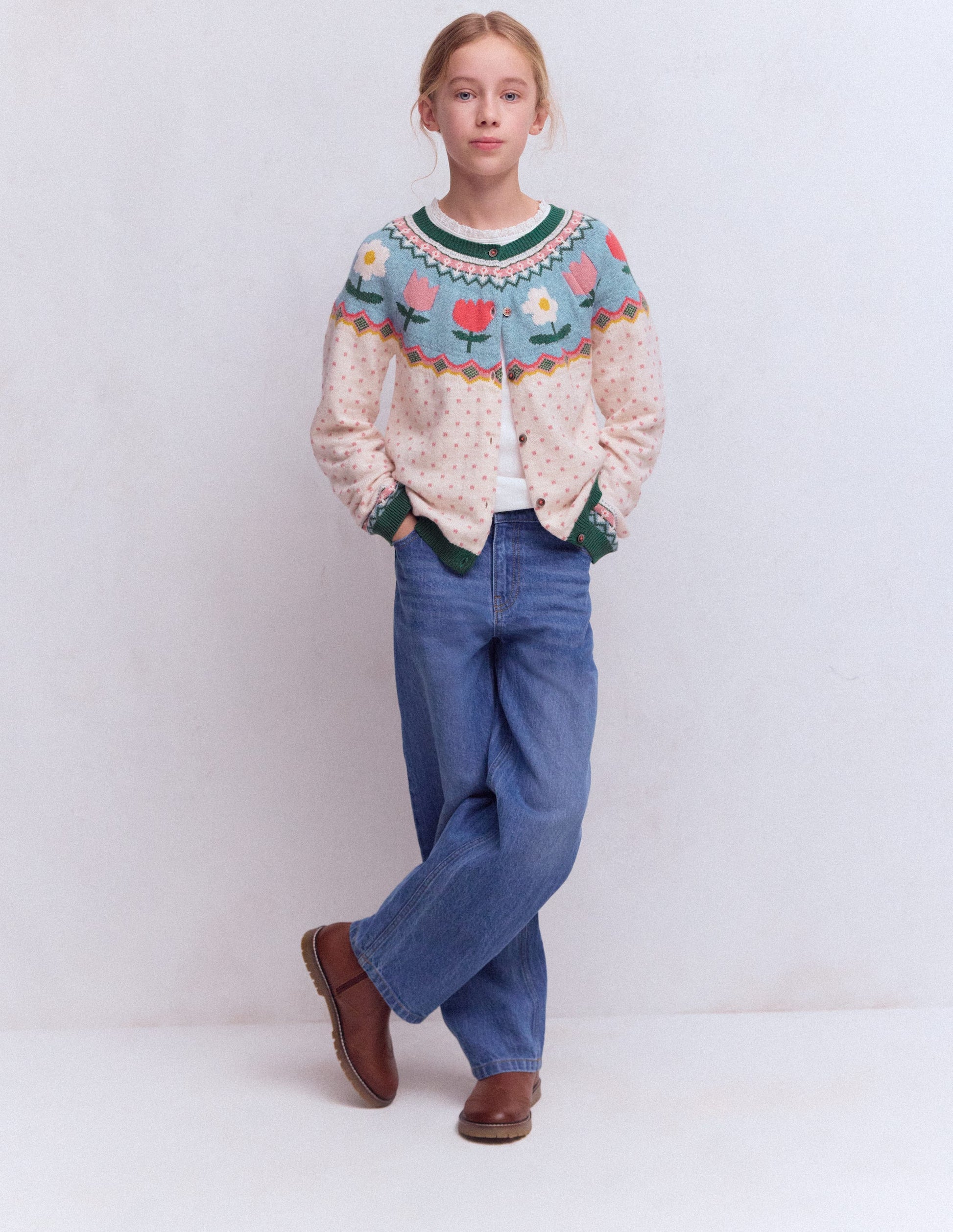 Edie Fair-Isle-Strickjacke-Beige Meliert Punkte Blumen-2