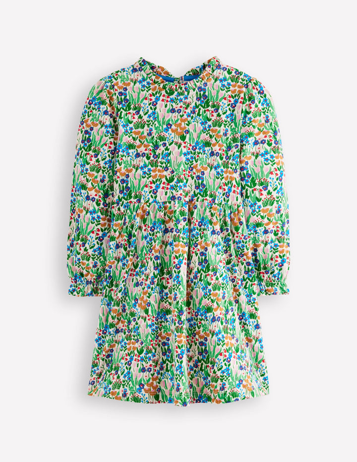 Jerseykleid mit Blousonärmeln-Eisvogelblau Frühlingsblumenbeet