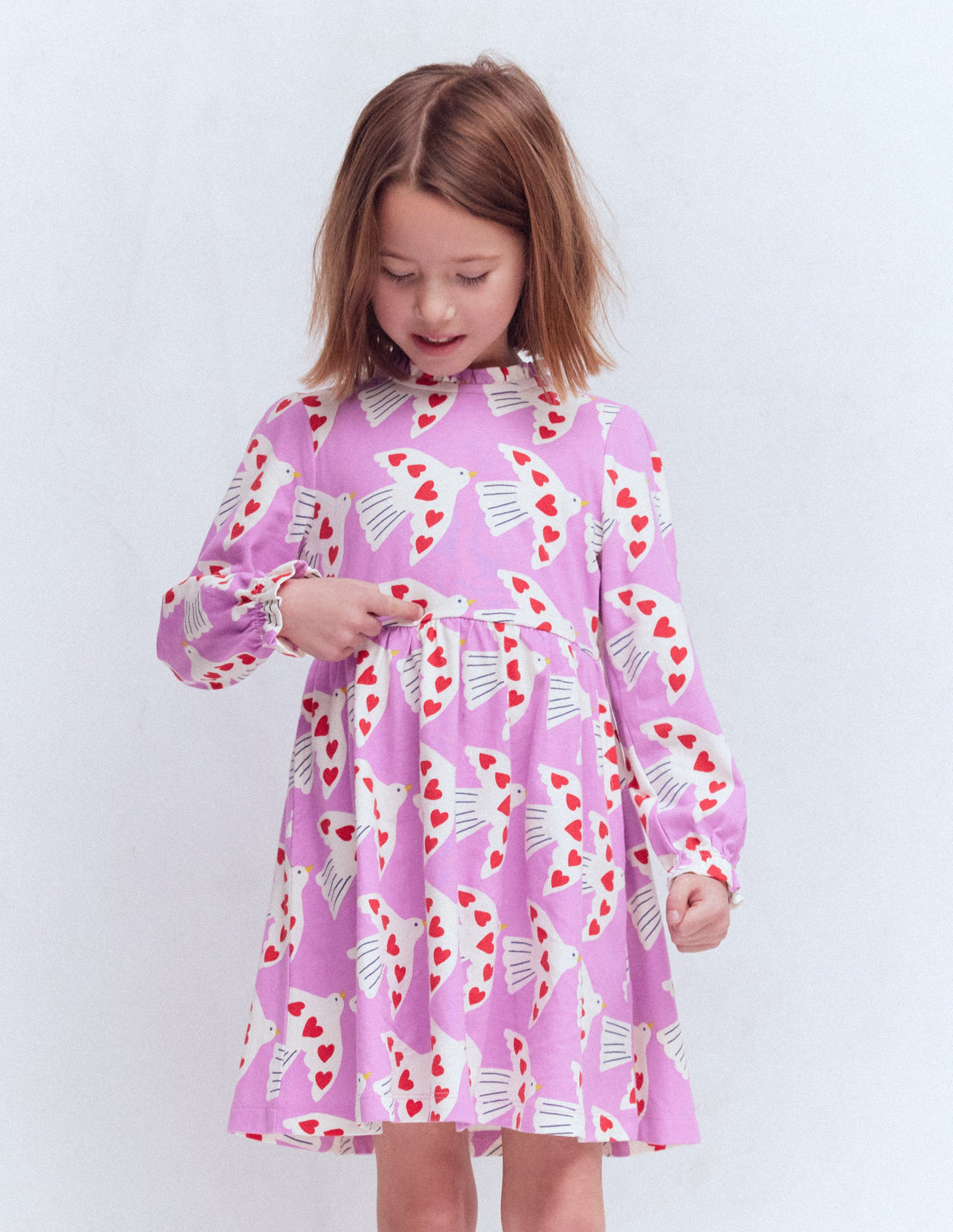 Blouson Sleeve Jersey Dress-Pale Pansy Love Birds - Image 3