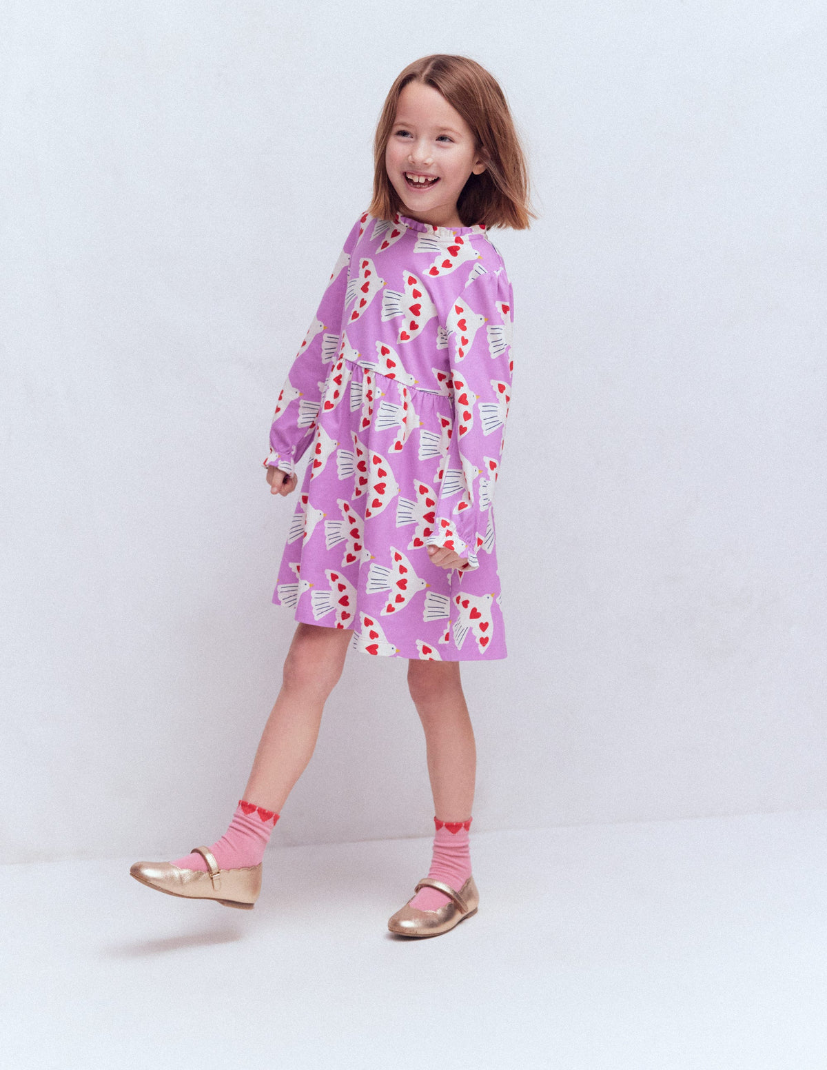 Blouson Sleeve Jersey Dress-Pale Pansy Love Birds - Image 4