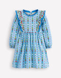 Langärmliges Rüschenkleid-Gletscherblau Garten Streifen