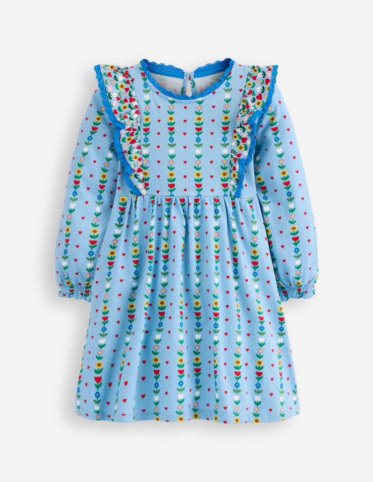 Langärmliges Rüschenkleid-Gletscherblau Garten Streifen-1