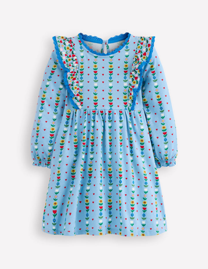 Langärmliges Rüschenkleid-Gletscherblau Garten Streifen