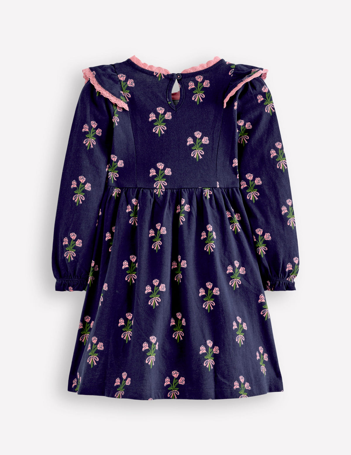 Langärmliges Rüschenkleid-College-Marineblau Kleiner Blumenstrauß-2