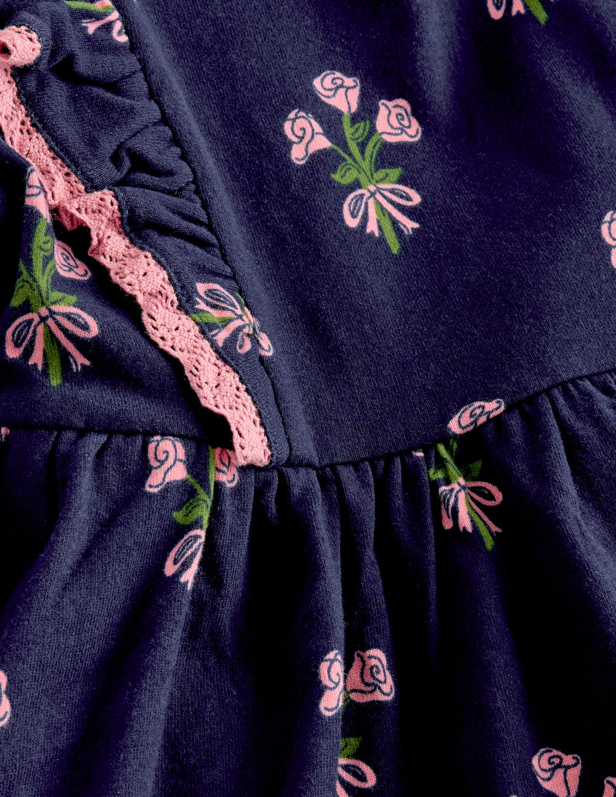 Langärmliges Rüschenkleid-College-Marineblau Kleiner Blumenstrauß-3