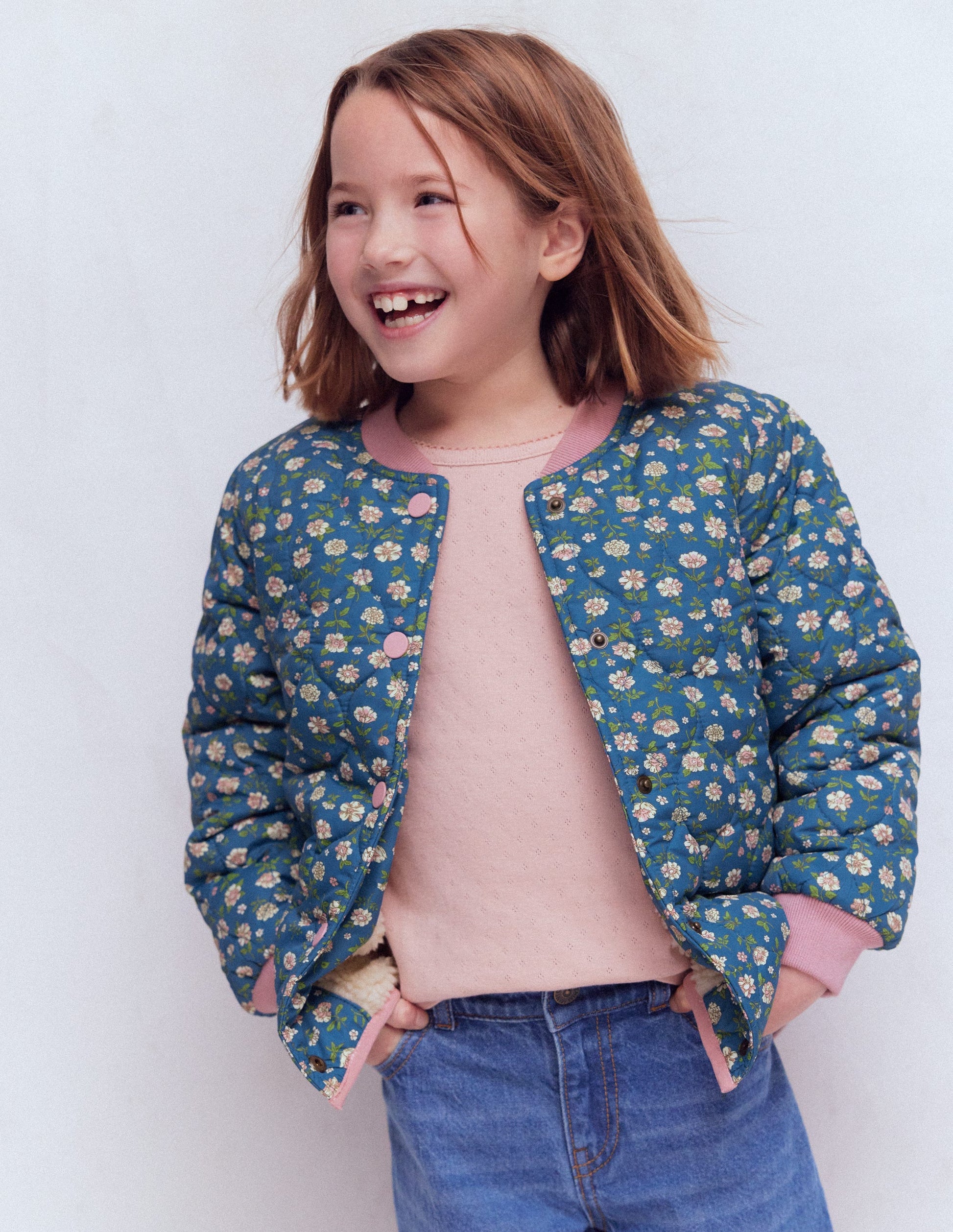 Lustige Bomberjacke-Teddyfell Blau Blumenmuster-3