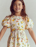 Robe style vintage à ceinture large-Motif floral citron ivoire doux