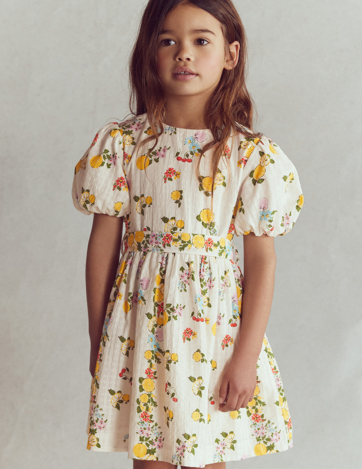 Robe style vintage à ceinture large-Motif floral citron ivoire doux - Image 3