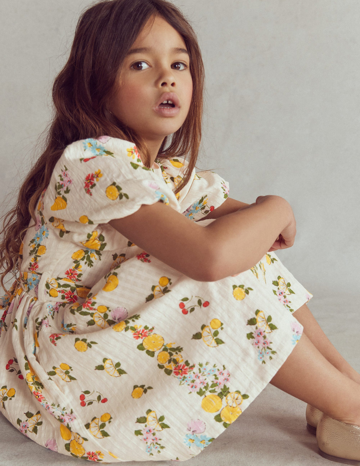 Robe style vintage à ceinture large-Motif floral citron ivoire doux-4