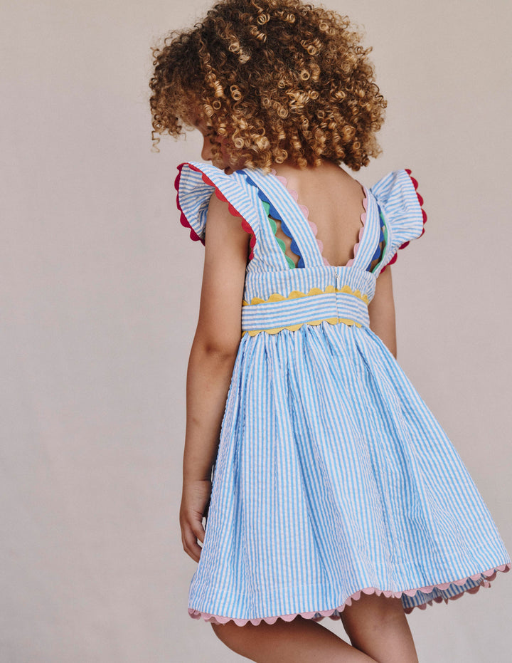 Flatterkleid mit Zackenlitze-Saphirblau Streifen
