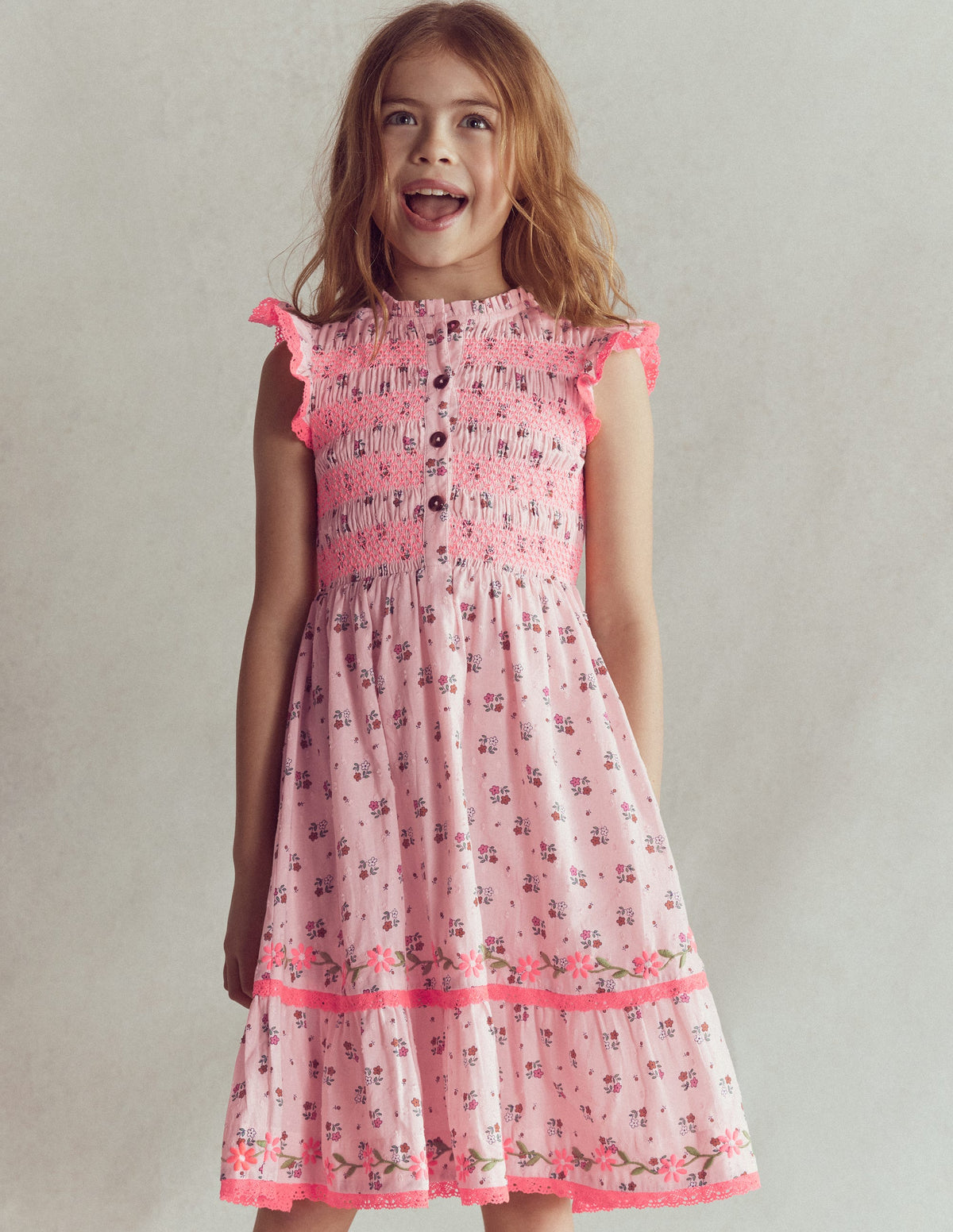 Midikleid mit gesmoktem Oberteil-Kreiderosa Gänseblümchenkette-4